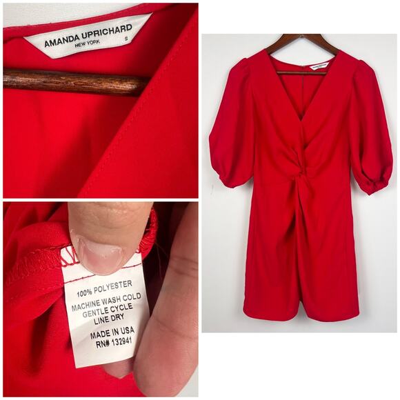 Amanda Uprichard Red Puff Sleeve Knot Front S Mini Dress Women's V-Neck Cocktail - Picture 3 of 9
